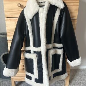 Black and White Faux Fur Trimmed Coat
